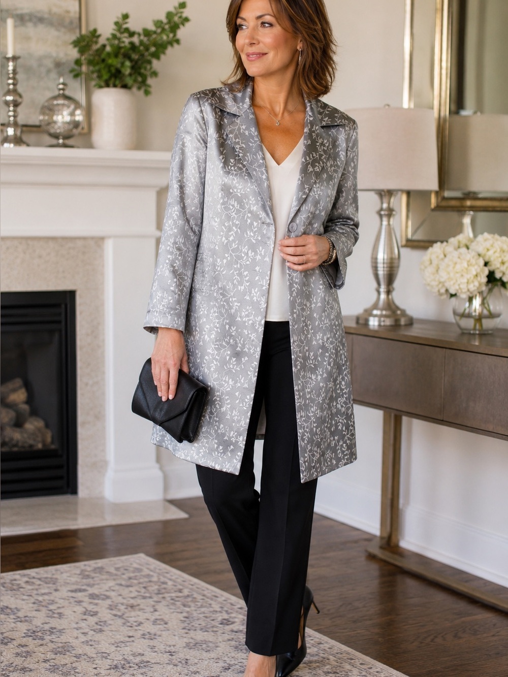 Vintage Gantos Silver Floral Jacquard Duster Coat Jacket Size 10 Lined